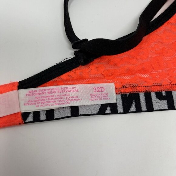 Victorias Secret PINK Push Up Bra Size 32D Neon Orange Leopard Logo - Picture 9 of 9